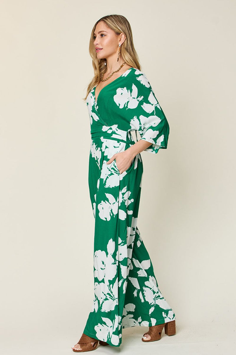 Double Take Full Size Printed Tie Back Wide Leg Jumpsuit Trandify deal