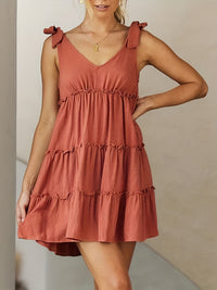 Full Size Frill V-Neck Tie Shoulder Mini Dress Trandify deal