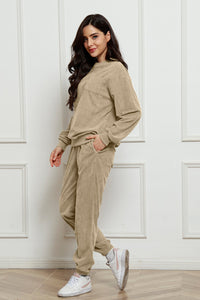 Corduroy Round Neck Sweatshirt and Sweatpants Set Trandify Deal