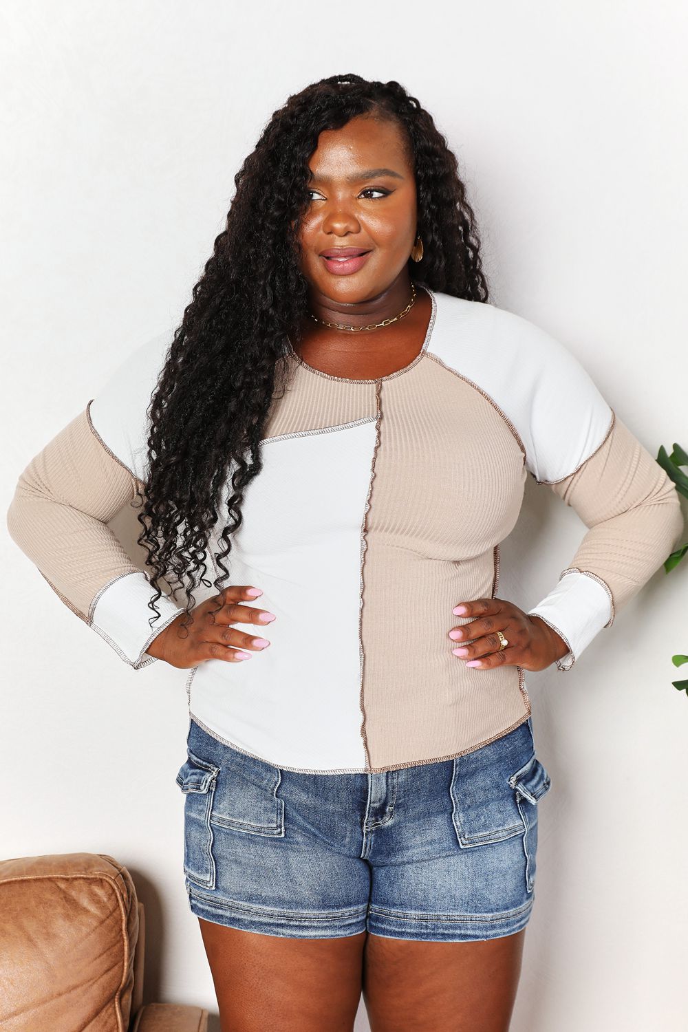 Double Take Color Block Exposed Seam Top Trandify Deal