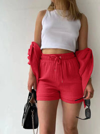 Trendy linen-blend two-piece set for women, stylish matching shirt and shorts