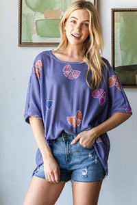 HOPELY Bow Print Waffle Side Slit T-Shirt Trandify Deal