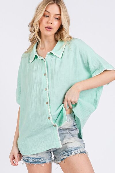 Boho Women’s Gauze Shirt with Contrast Trim – Stylish Casual Blouse