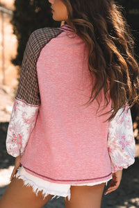 Plaid Floral Patchwork Round Neck Long Sleeve Top Trandify Deal