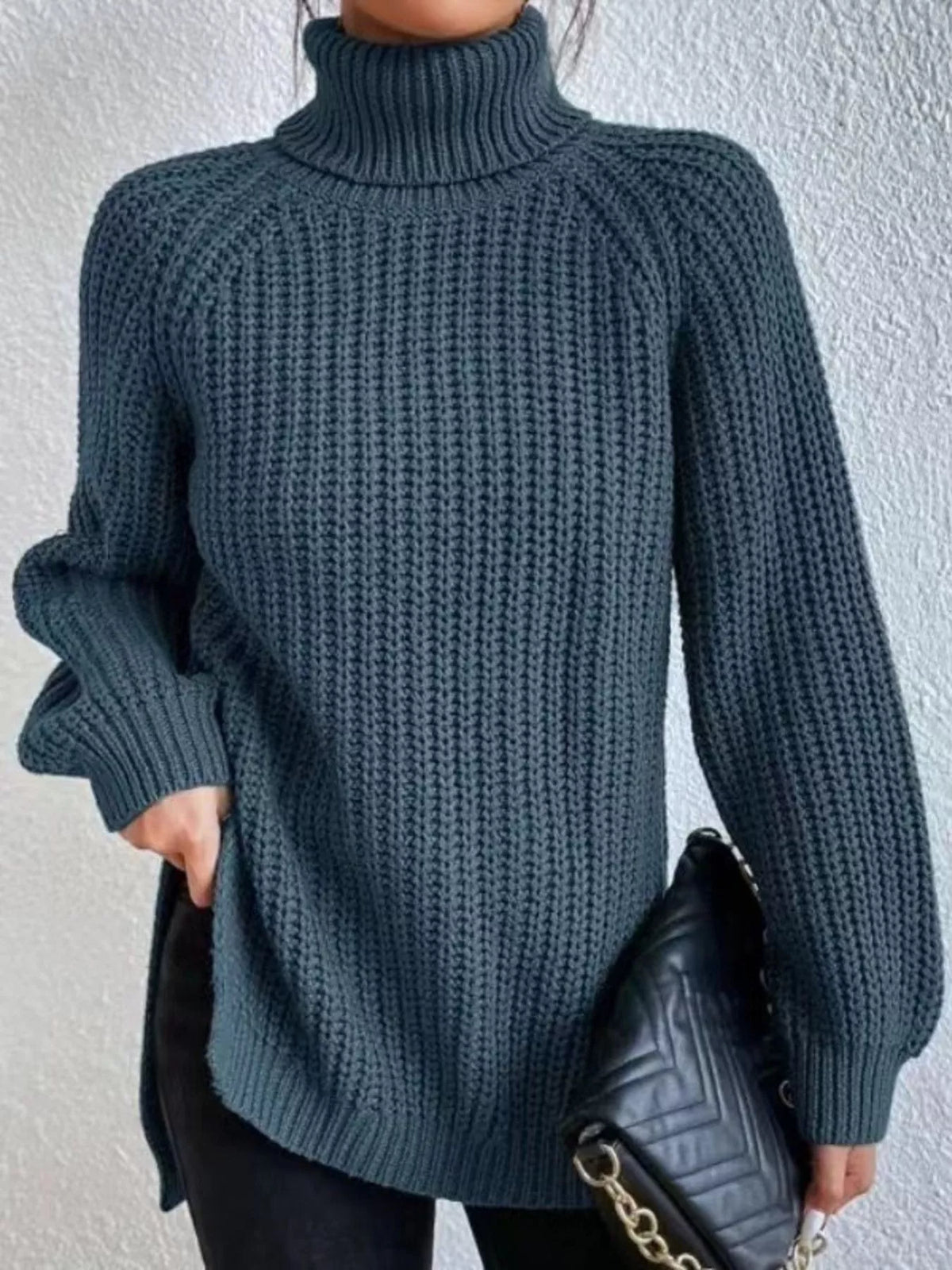 Plus Size Turtleneck Sweater - Ribbed Long Sleeve Top
