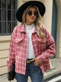 Plaid Collared Neck Long Sleeve Jacket Trandify Deal