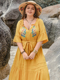 Plus Size Notched Tie Waist Half Sleeve Midi Dress Trandify deal