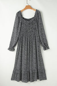 Printed Square Neck Long Sleeve Midi Dress Trandify Deal