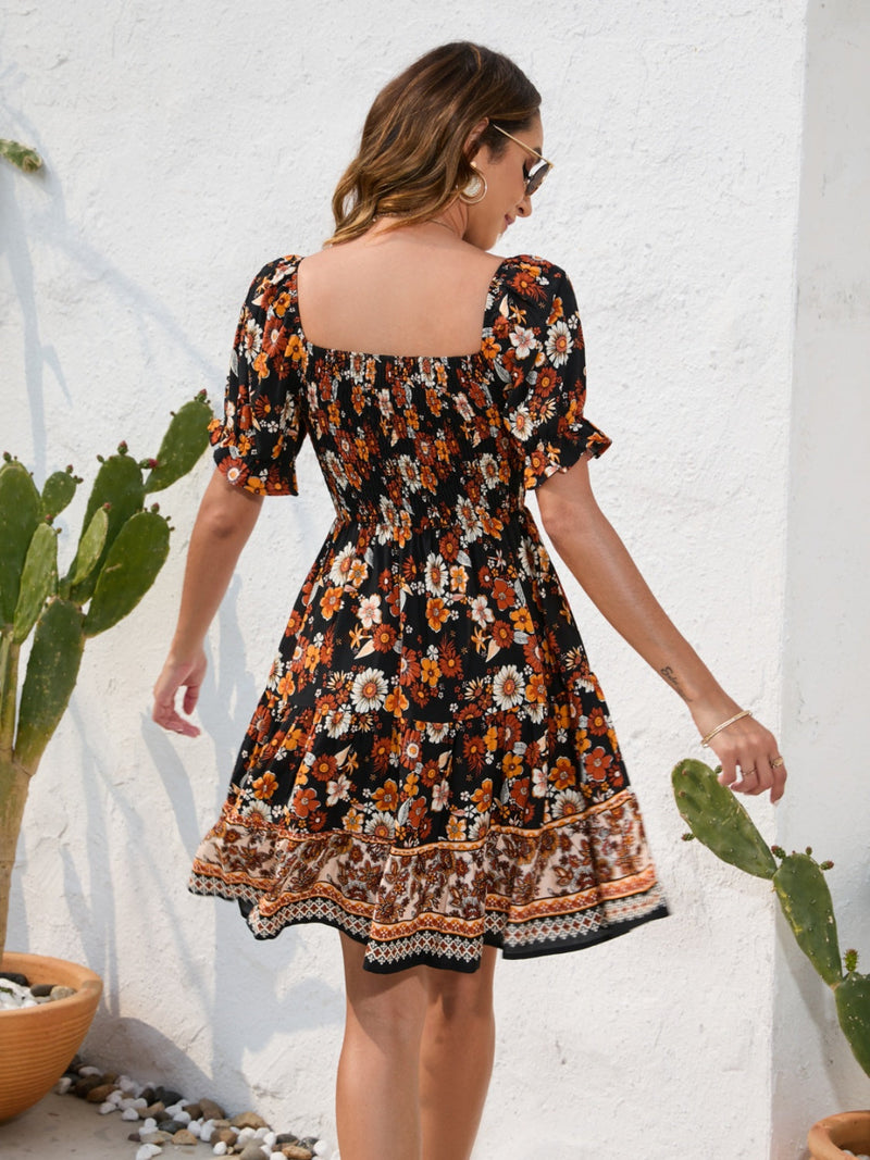 Printed Square Neck Short Sleeve Dress Trandify deal