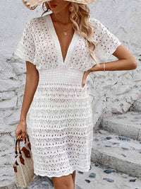 Openwork Plunge Short Sleeve Cover-Up Dress Trandify deal