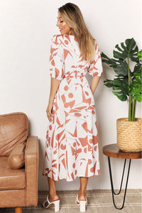 Printed Surplice Balloon Sleeve Dress Trandify deal
