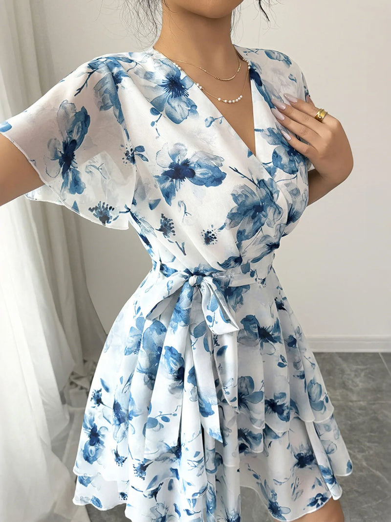 Floral Print Surplice Neck Mini Dress for Women – Boho Layered Ruffled Summer Dress