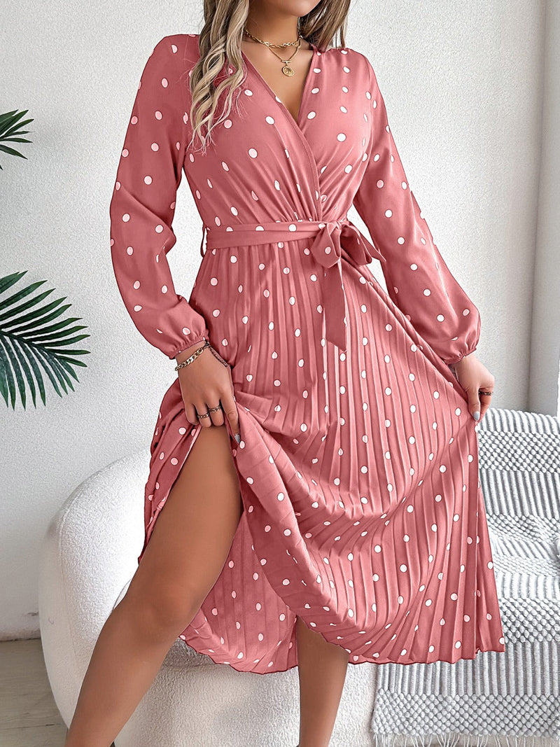 Tied Polka Dot Long Sleeve Midi Dress Trandify deal