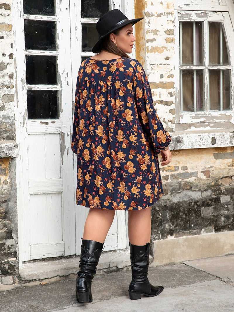 Plus Size Floral V-Neck Balloon Sleeve Dress Trandify deal