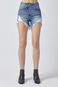 RISEN Raw Hem Asymmetrical Waist Denim Shorts Trandify deal
