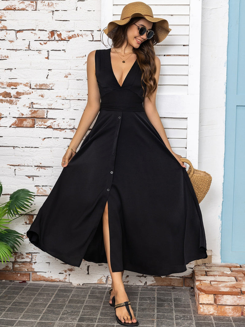 Full Size Slit V-Neck Sleeveless Midi Dress Trandify deal