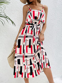 Perfee Ruffled Printed Tie Waist Midi Dress Trandify deal