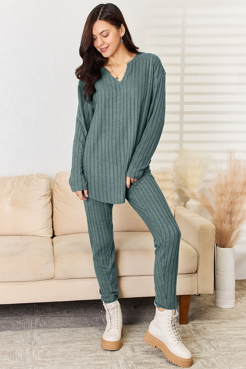 Basic Bae Full Size Notched Long Sleeve Top and Pants Set Trandify Deal