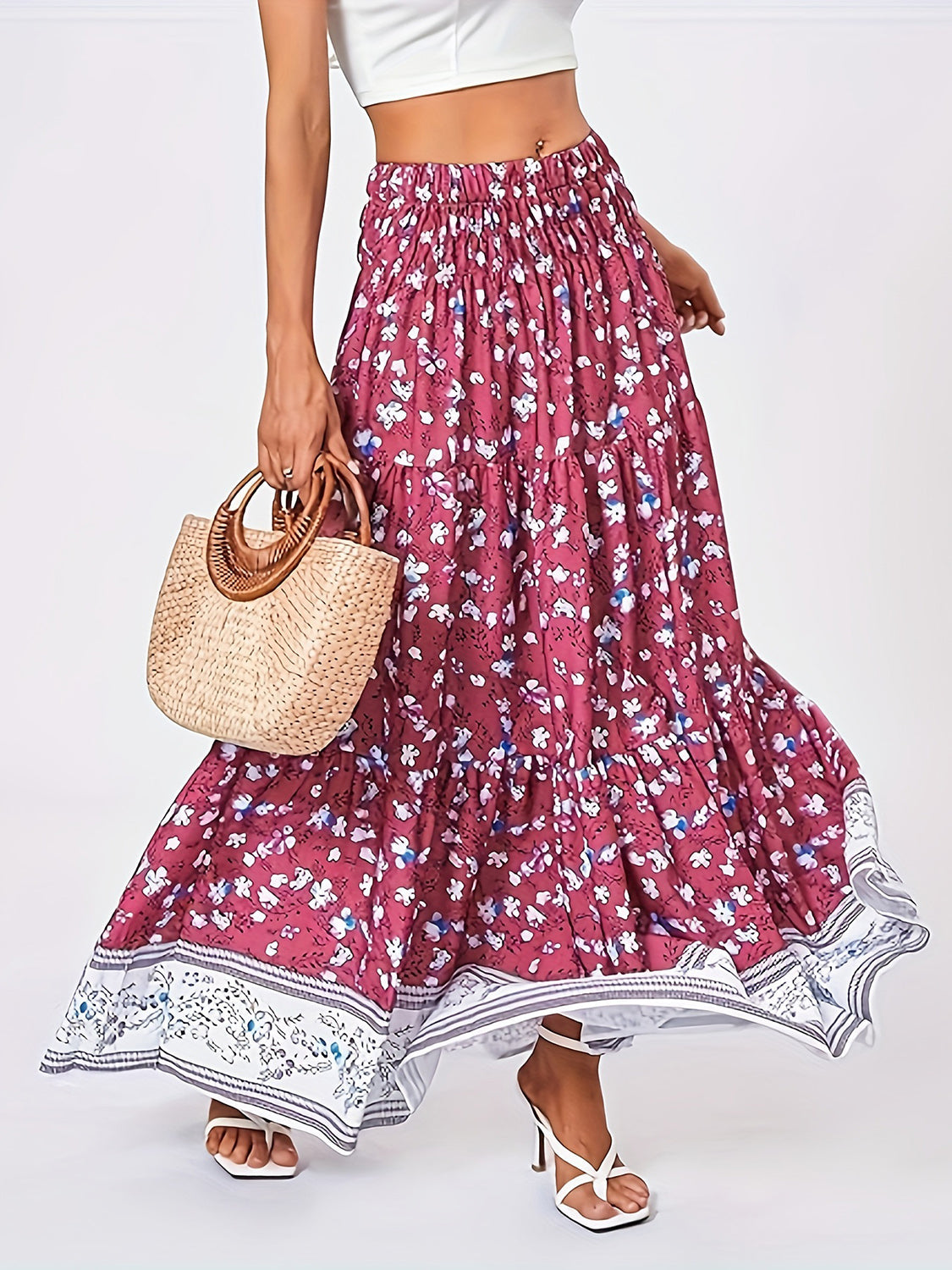 Full Size Tiered Printed Elastic Waist Skirt Trandify deal