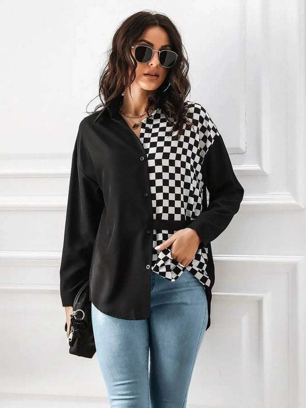 Women’s Checkered Long Sleeve Shirt in Classic Plaid Pattern – Trendy Casual & Office Blouse
