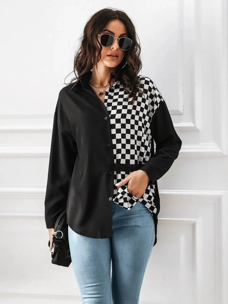 Women’s Checkered Long Sleeve Shirt in Classic Plaid Pattern – Trendy Casual & Office Blouse