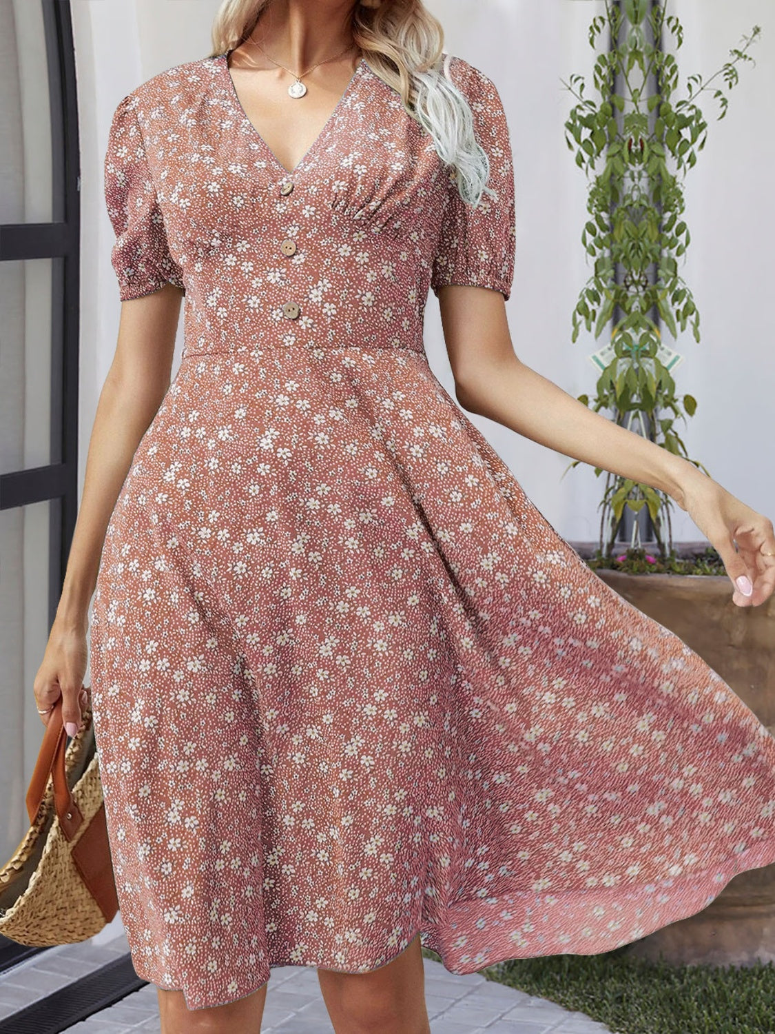Printed V-Neck Short Sleeve Dress Trandify deal