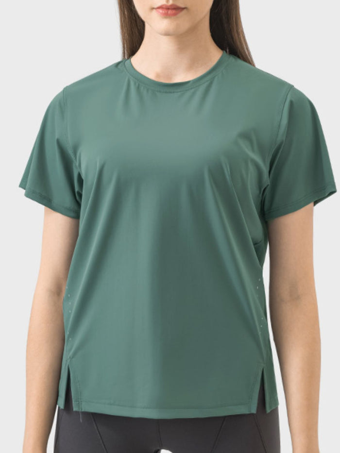 Millennia Slit Round Neck Short Sleeve Active T-Shirt Trandify deal