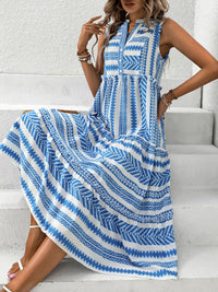 Perfee Frill Printed Notched Sleeveless Dress Trandify deal