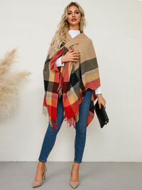 Fringe Contrast Plaid Poncho Trandify Deal