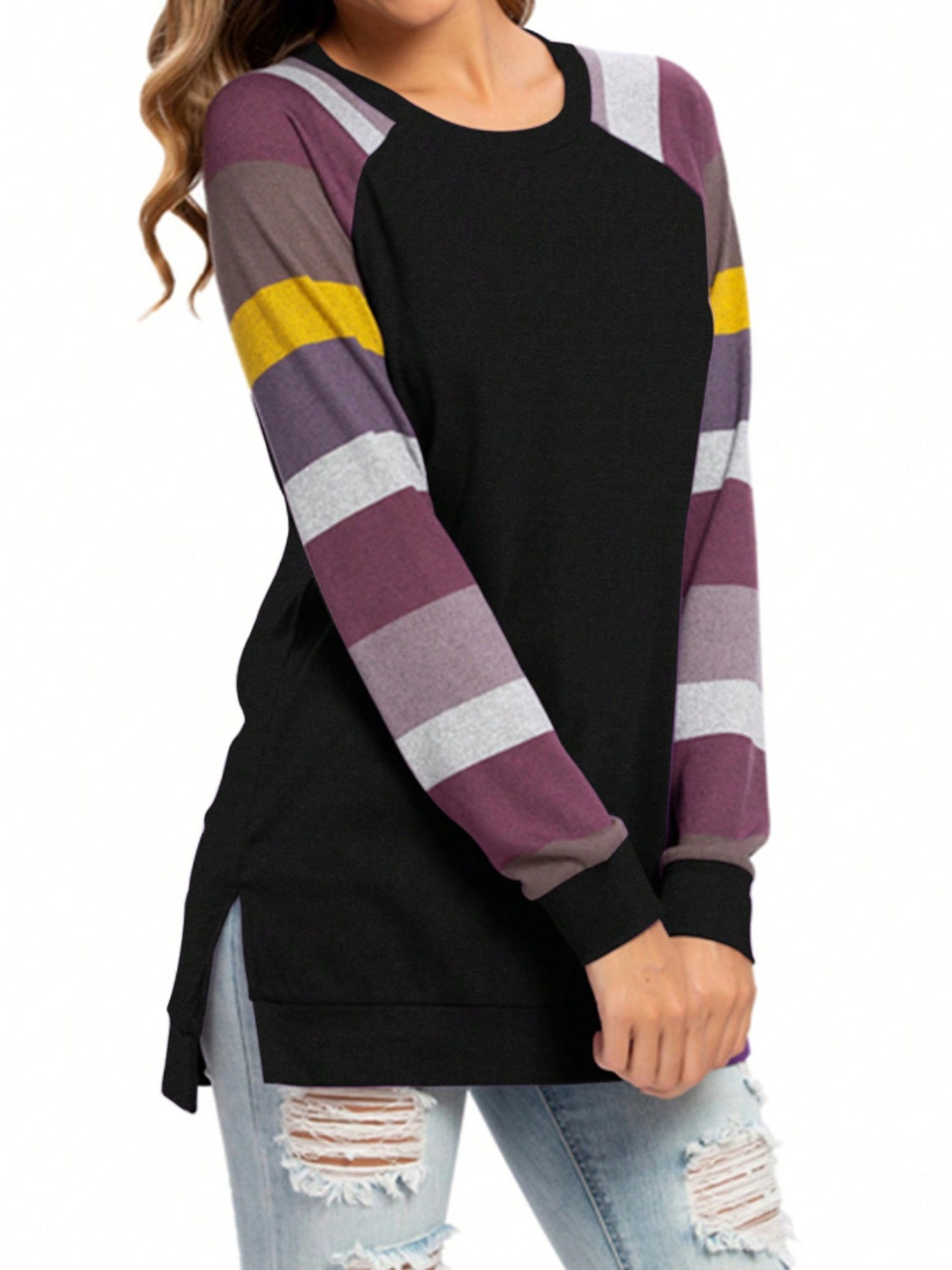 Color Block Round Neck Long Sleeve T-Shirt Trandify Deal