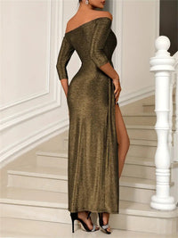Slit Off-Shoulder Long Sleeve Midi Dress Trandify Deal