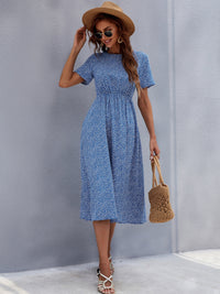 Printed Round Neck Short Sleeve Midi Dress Trandify Deal