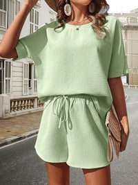 Waffle-Knit Half Sleeve Top and Shorts Set Trandify deal
