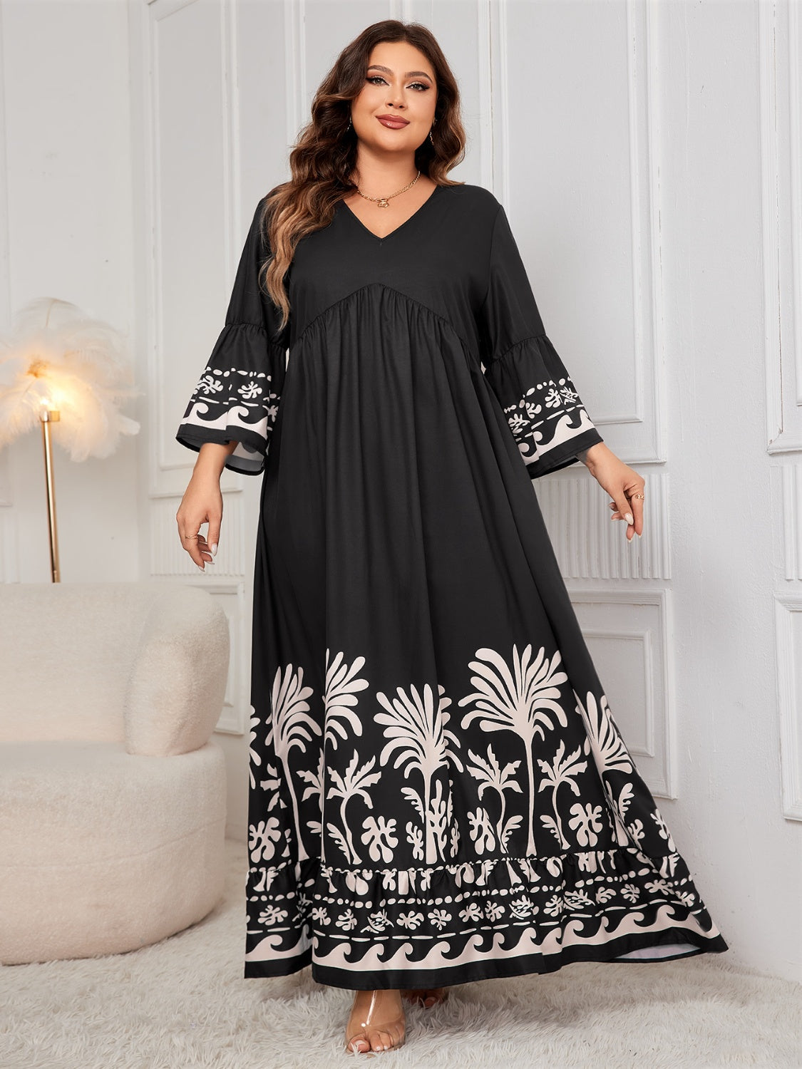 Plus Size Printed V-Neck Long Sleeve Maxi Dress Trandify Deal