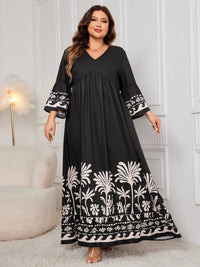 Plus Size Printed V-Neck Long Sleeve Maxi Dress Trandify Deal