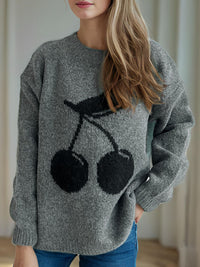 Cherry Round Neck Long Sleeve Sweater Trandify Deal