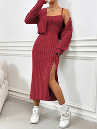 Ribbed Long Sleeve Cropped Cardigan and Slit Cami Dress Set Trandify Deal