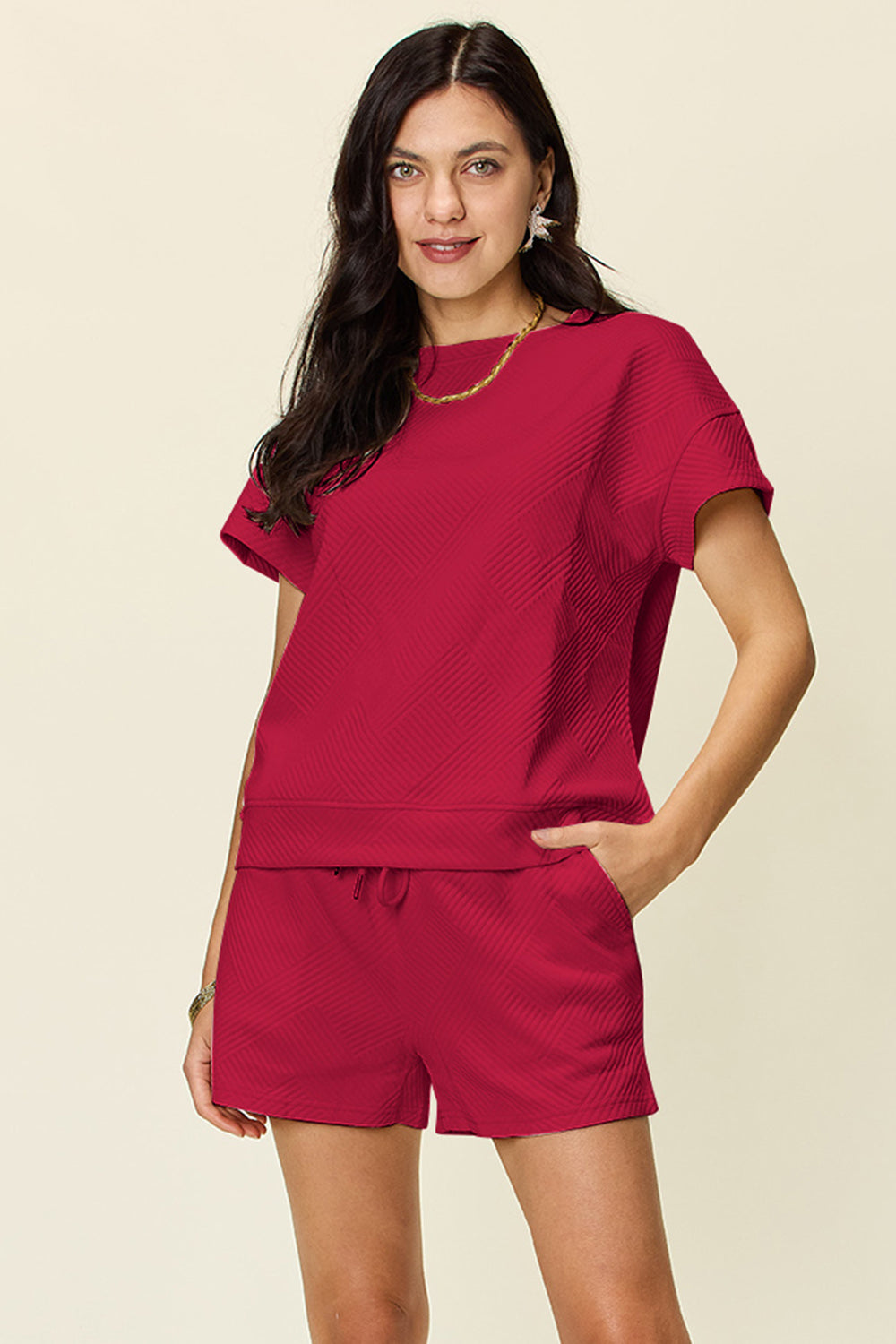 Double Take Full Size Texture Short Sleeve T-Shirt and Drawstring Shorts Set Trandify deal
