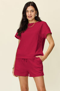 Double Take Full Size Texture Short Sleeve T-Shirt and Drawstring Shorts Set Trandify deal