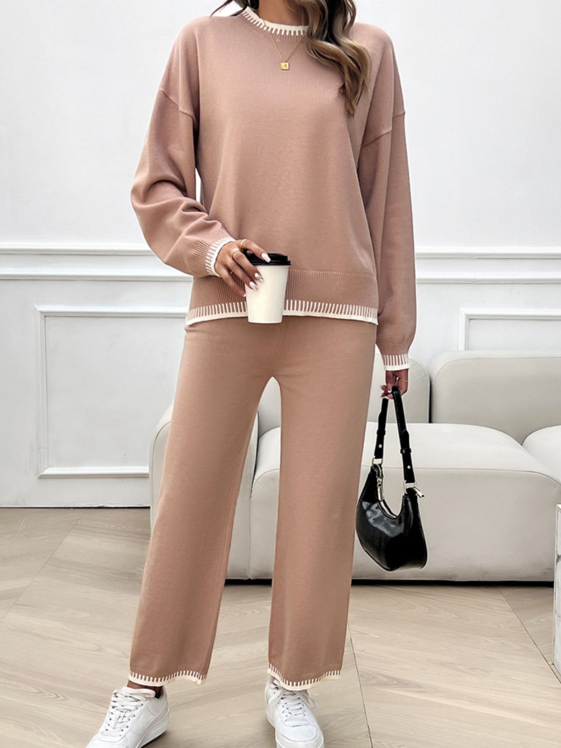 Devine Round Neck Dropped Shoulder Top and Pants Sweater Set Trandify Deal