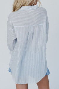 Frill Striped Collared Neck Long Sleeve Shirt - Trandify Deal