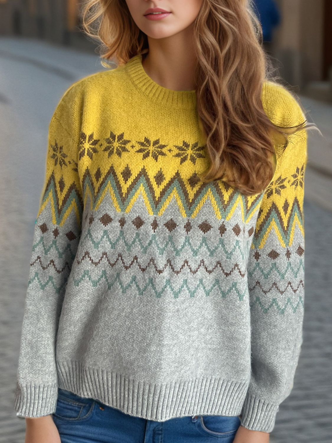 Chevron Contrast Round Neck Long Sleeve Sweater Trandify Deal