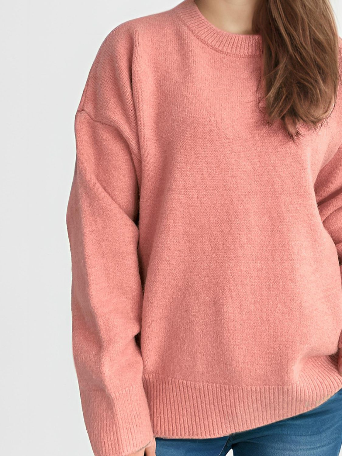 Round Neck Dropped Shoulder Long Sleeve Sweater Trandify Deal