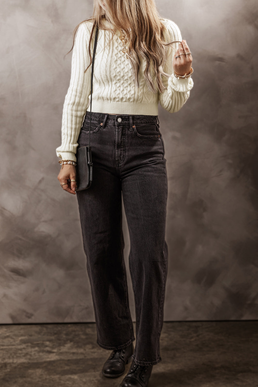Cable-Knit Round Neck Long Sleeve Sweater Trandify Deal