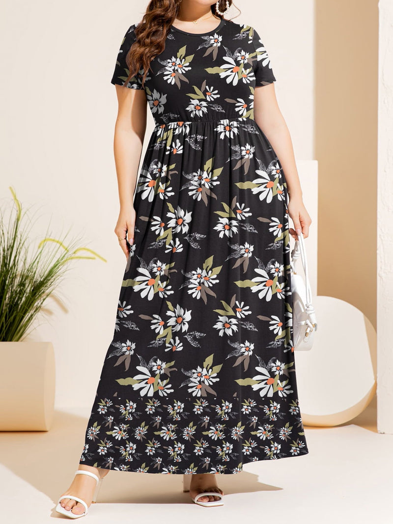 Plus Size Printed Round Neck Short Sleeve Maxi Dress Trandify Deal