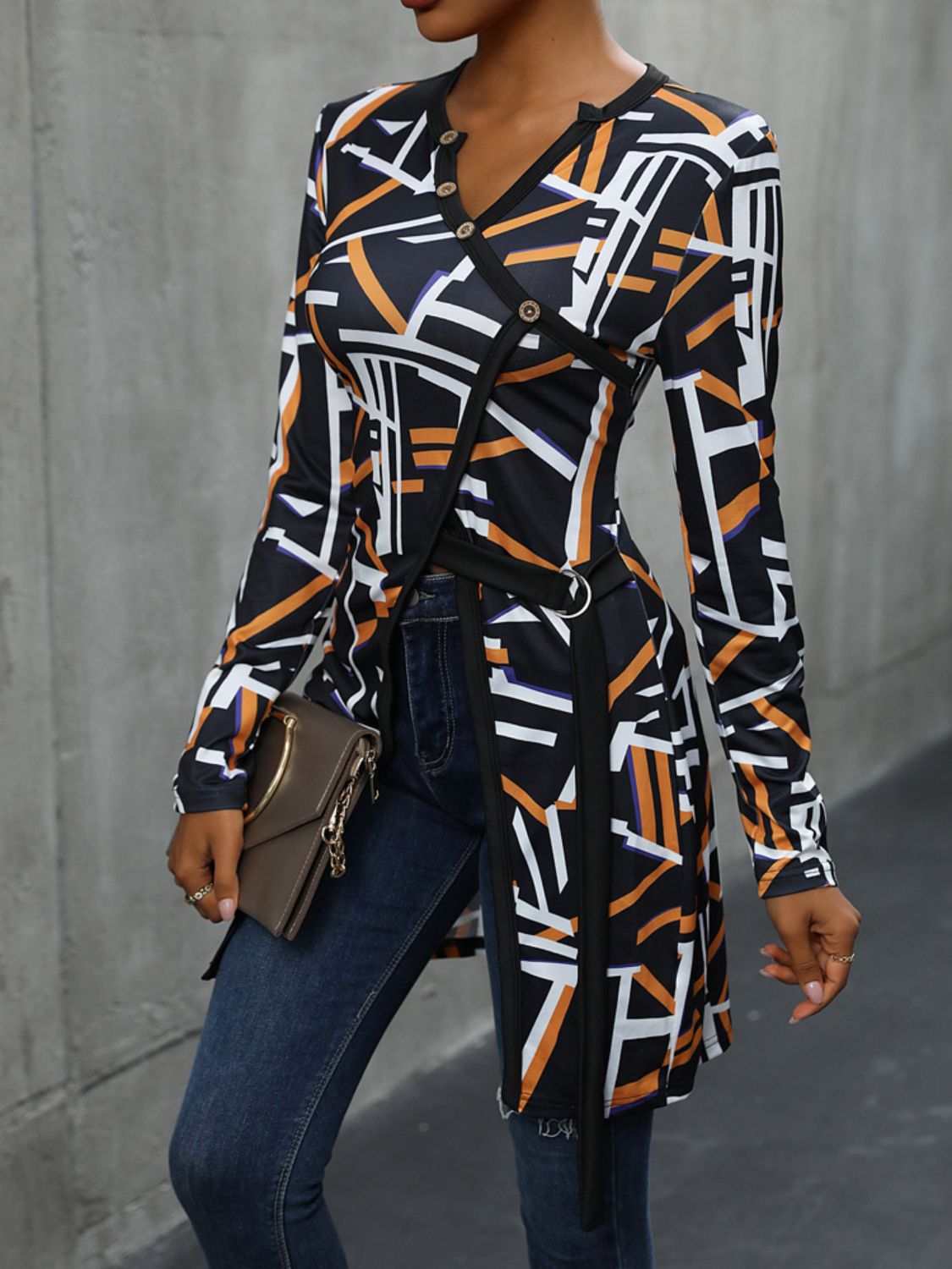 Perfee Geometric Surplice Long Sleeve T-Shirt Trandify deal