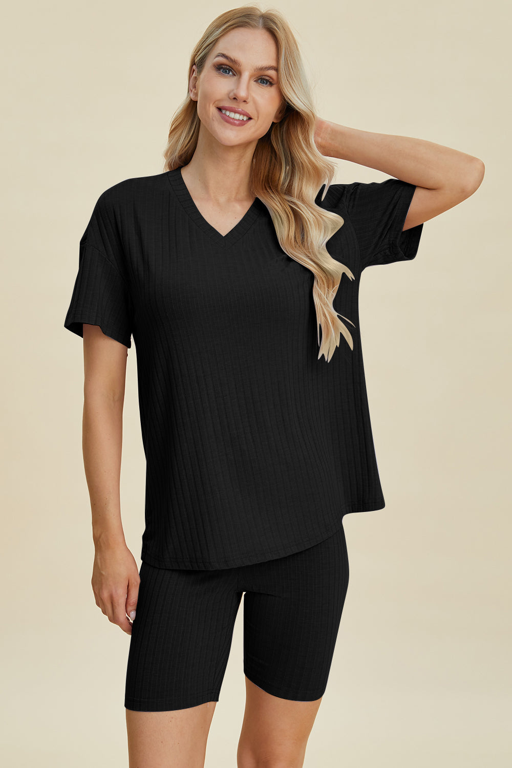 Basic Bae Full Size Ribbed V-Neck Short Sleeve Top and Shorts Set Trandify deal