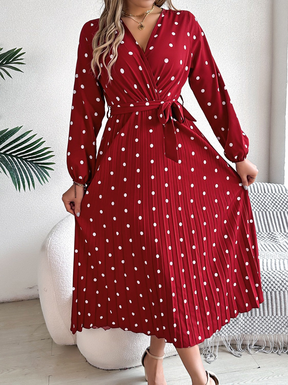 Tied Polka Dot Long Sleeve Midi Dress Trandify deal