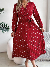 Tied Polka Dot Long Sleeve Midi Dress Trandify deal