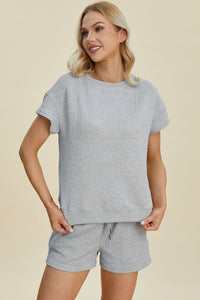 Double Take Full Size Texture Short Sleeve Top and Shorts Set Trandify deal